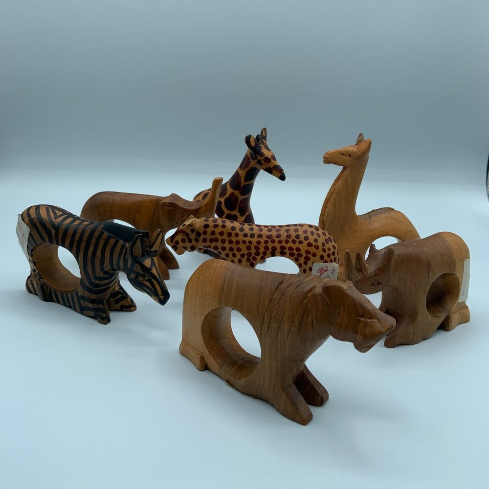 Vintage Carved Wooden African Animal Napkin Ring Holders from Africa- Set of 4